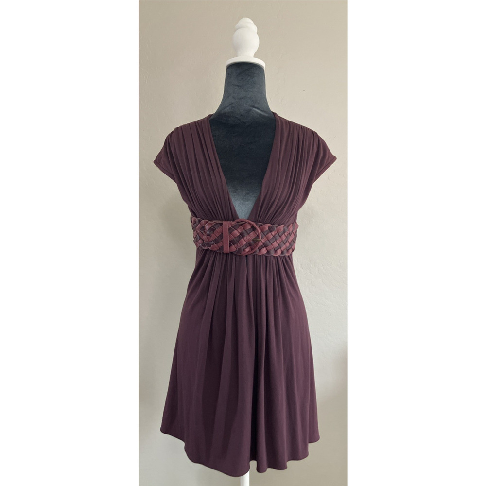 Y2K Vintage Sky Belt Dress Babydoll Deep Plunging Neckline Short Ruched Small